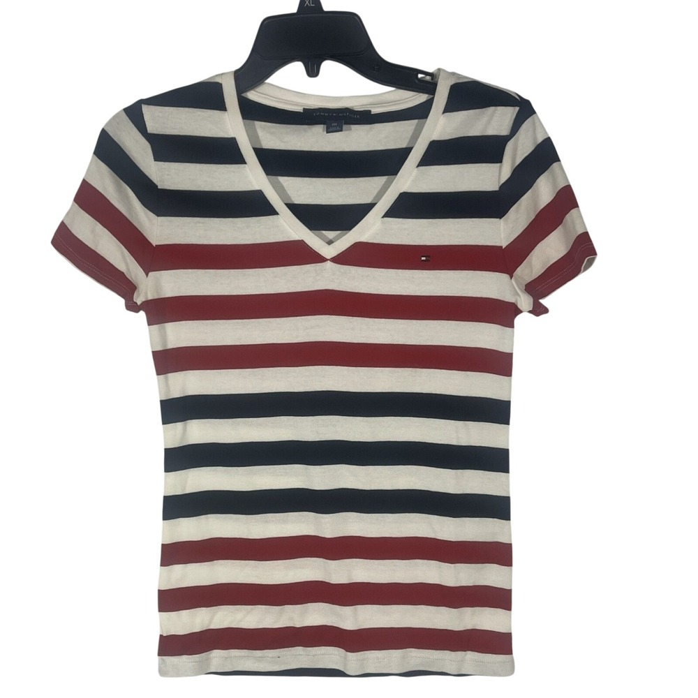 Tommy Hilfiger Petite Medium PM Striped V Neck Tee Red White Blue Logo